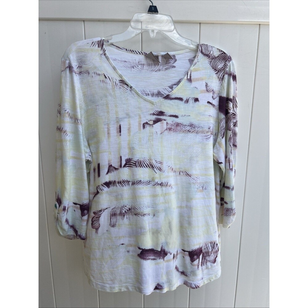 Chico's Women's 2 Multicolor Top Scoop Neck Short Sleeve Pullover Rayon